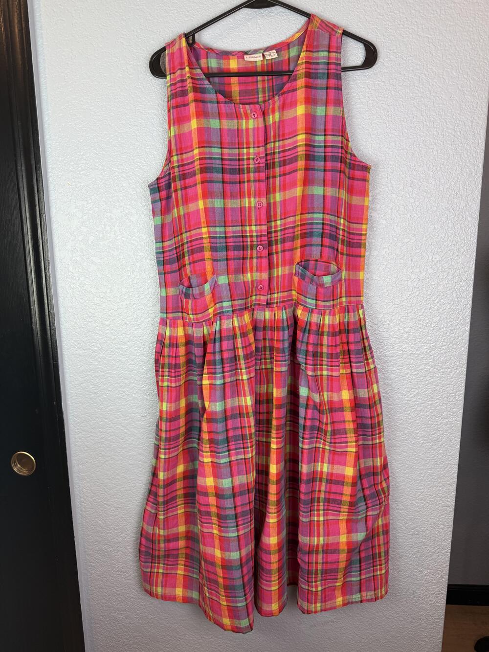 Honors Apparel Dress Womens Medium Plaid Sleeveless Button Front Pockets Bow